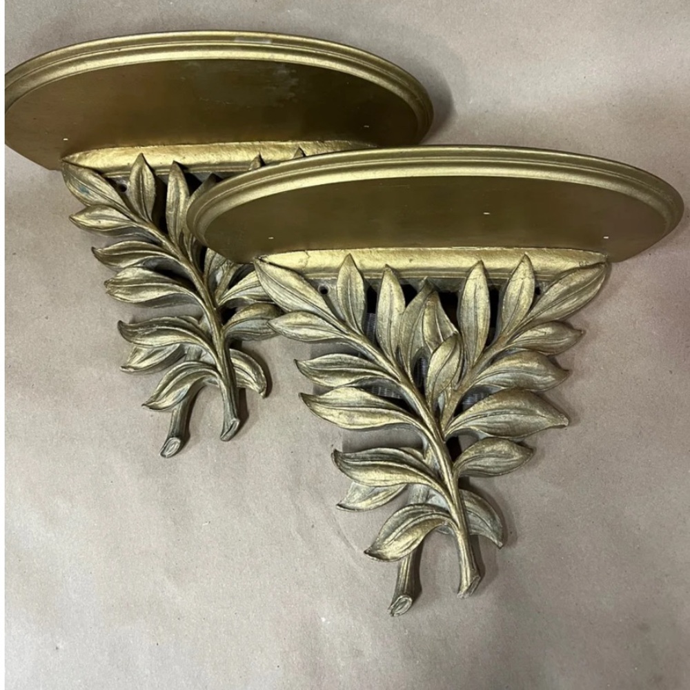 Pair of Syroco wood vintage wall shelves, gold leaves